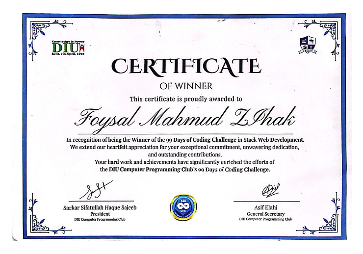99 Days of Coding Winner in Stack Web Development
